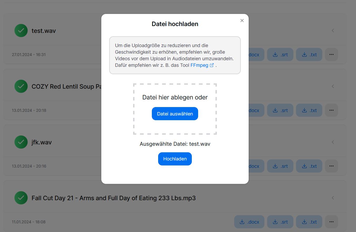 File upload dialog in dashboard