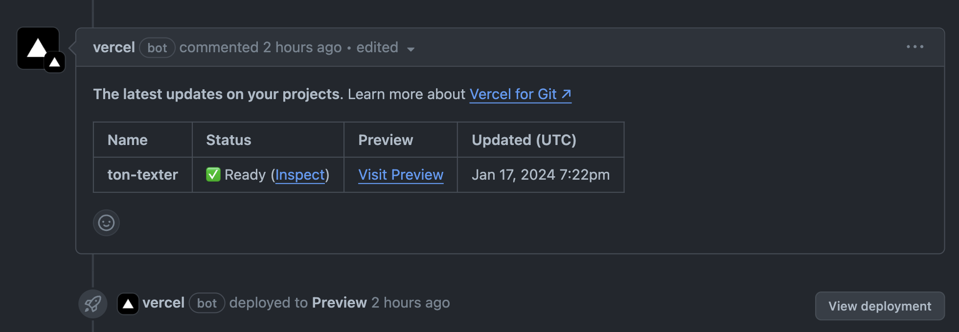 Vercel comment on GitHub pull request